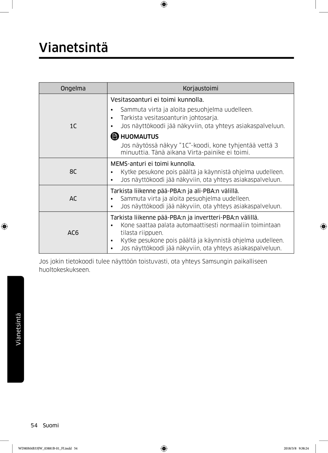 Samsung WD70M4B33JW/EE, WD80M4B33JW/EE, WD80M4B33IW/EE manual Jos näytössä näkyy 1C-koodi, kone tyhjentää vettä 