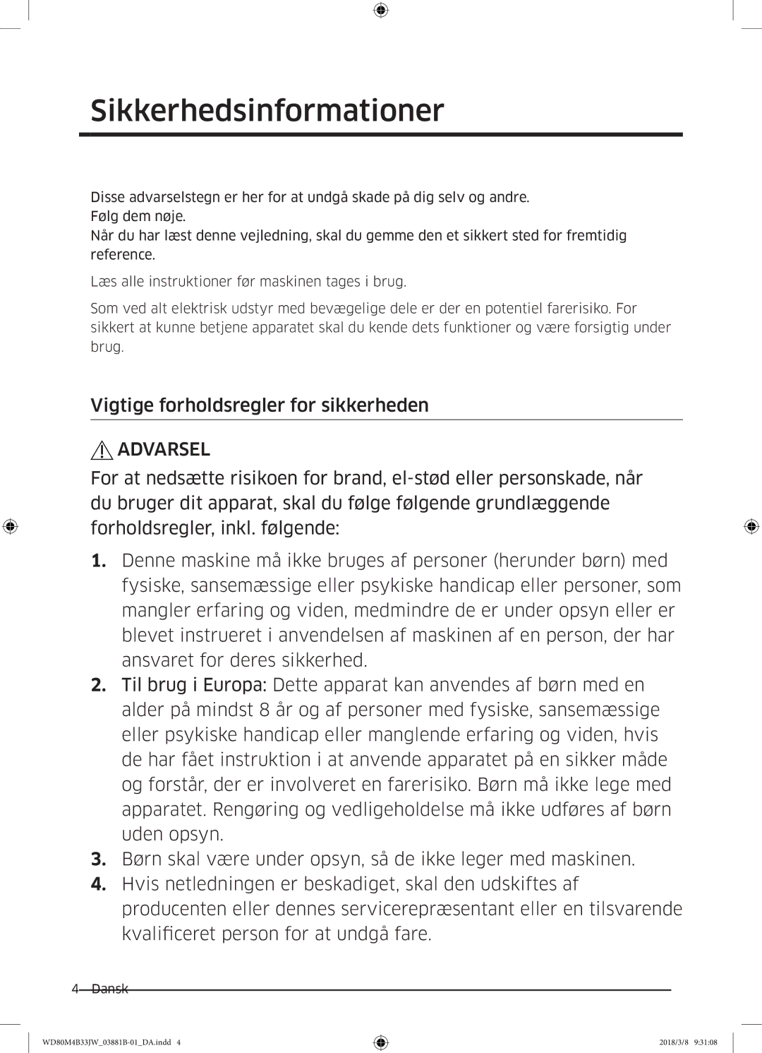 Samsung WD80M4B33IW/EE, WD80M4B33JW/EE, WD70M4B33JW/EE manual Sikkerhedsinformationer 