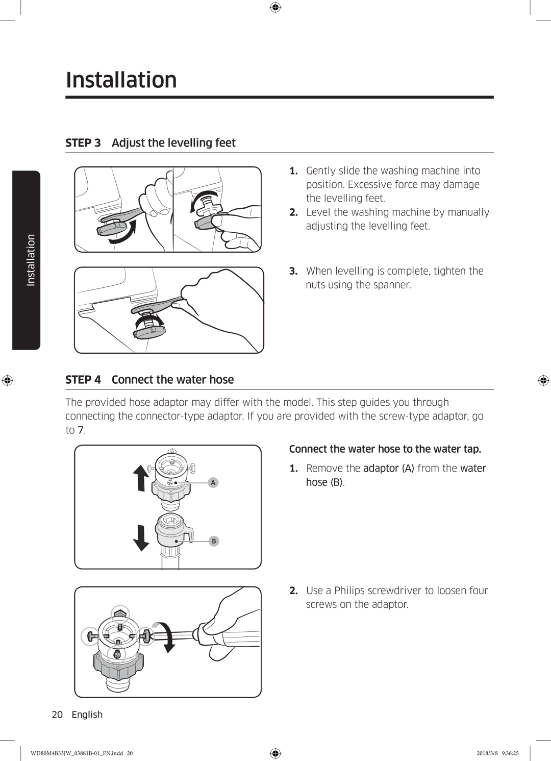 Samsung WD70M4B33JW/EE, WD80M4B33JW/EE, WD80M4B33IW/EE manual Adjust the levelling feet 