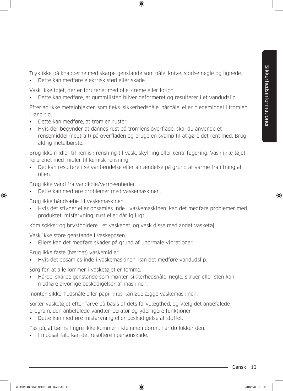 Samsung WD80M4B33IW/EE, WD80M4B33JW/EE, WD70M4B33JW/EE manual Sikkerhedsinformationer 