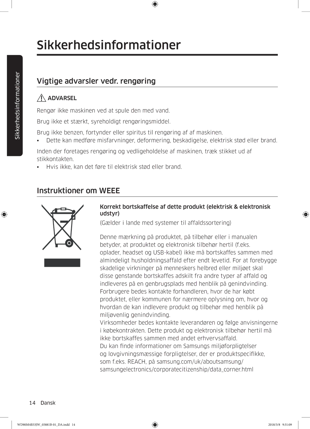 Samsung WD70M4B33JW/EE, WD80M4B33JW/EE, WD80M4B33IW/EE manual Vigtige advarsler vedr. rengøring, Instruktioner om Weee 