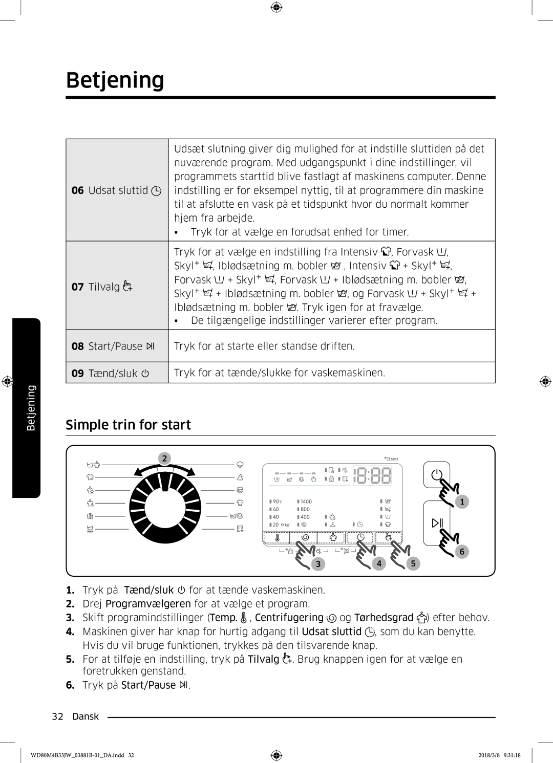 Samsung WD70M4B33JW/EE, WD80M4B33JW/EE, WD80M4B33IW/EE manual Simple trin for start, Betjening 