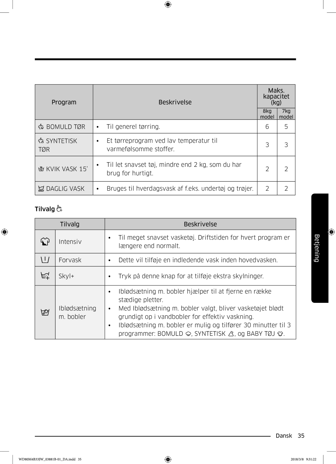 Samsung WD70M4B33JW/EE, WD80M4B33JW/EE, WD80M4B33IW/EE manual Bomuld TØR, Kvik Vask 15’, Daglig Vask 