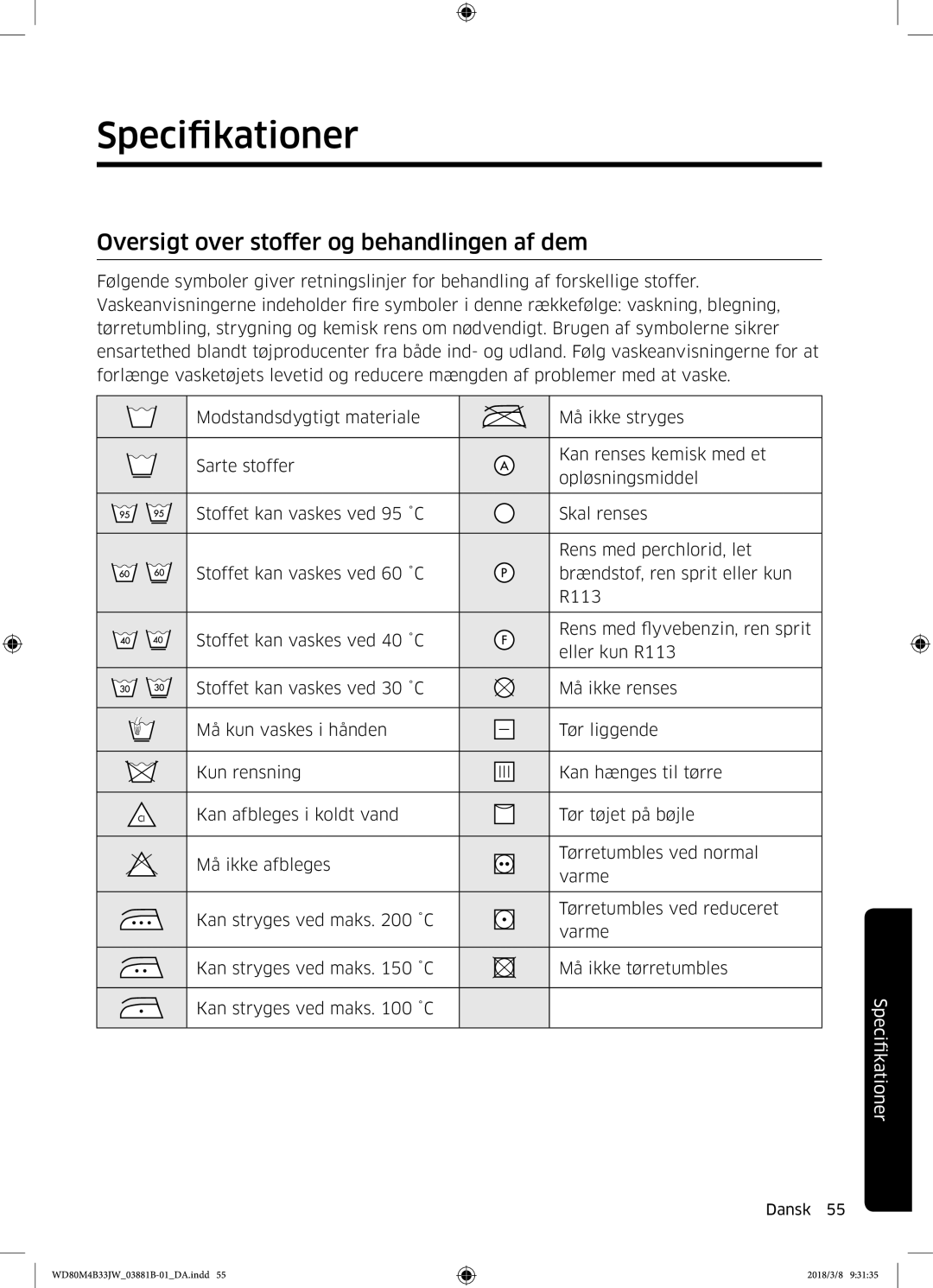 Samsung WD80M4B33IW/EE, WD80M4B33JW/EE, WD70M4B33JW/EE manual Specifikationer, Oversigt over stoffer og behandlingen af dem 