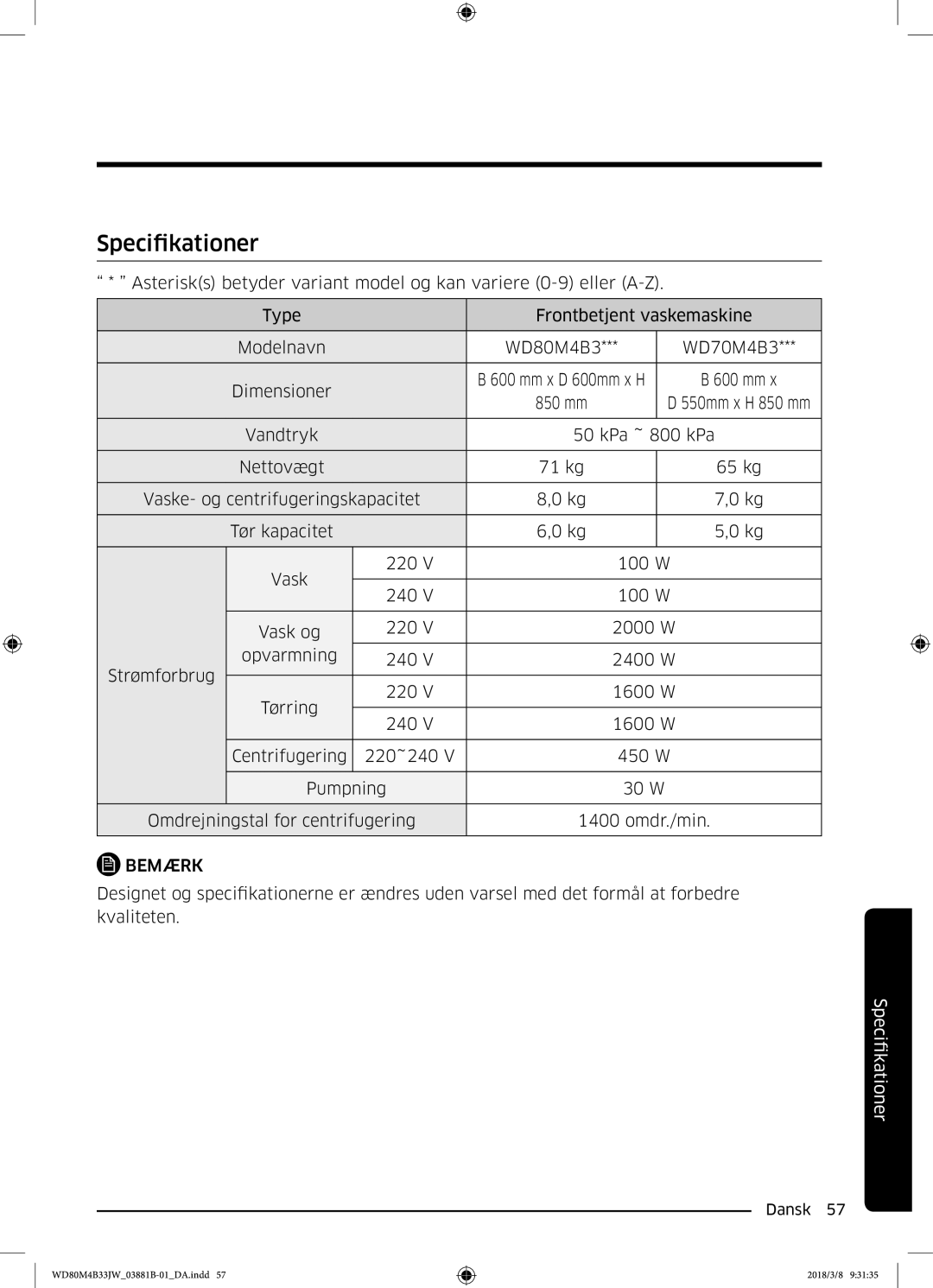 Samsung WD80M4B33JW/EE, WD80M4B33IW/EE, WD70M4B33JW/EE manual Specifikationer, Bemærk 