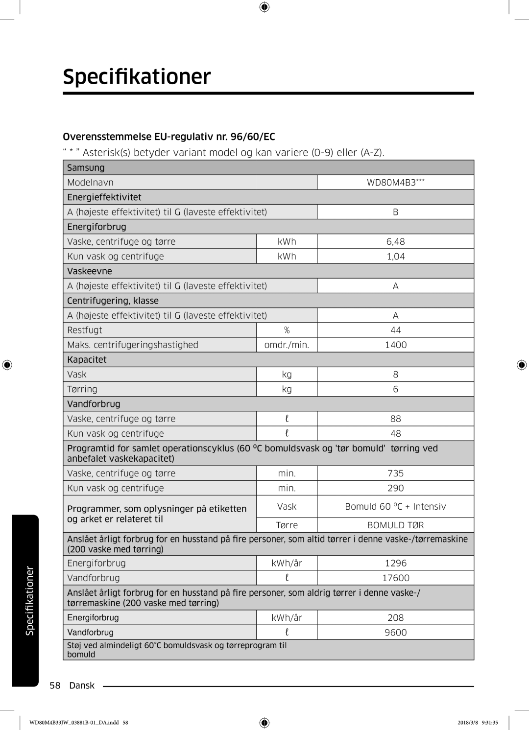 Samsung WD80M4B33IW/EE, WD80M4B33JW/EE, WD70M4B33JW/EE manual Bomuld TØR 