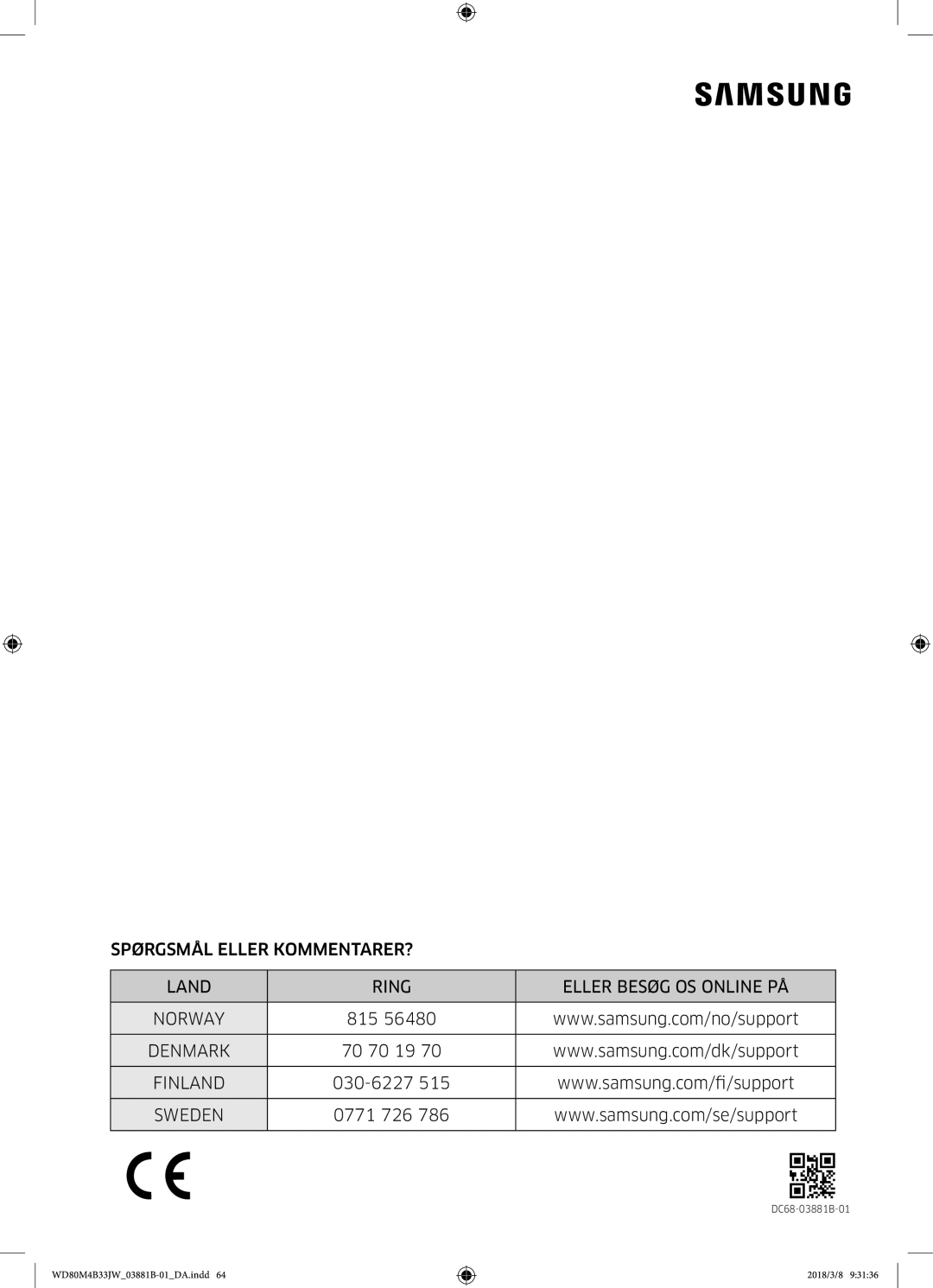 Samsung WD80M4B33IW/EE, WD80M4B33JW/EE, WD70M4B33JW/EE manual Denmark 