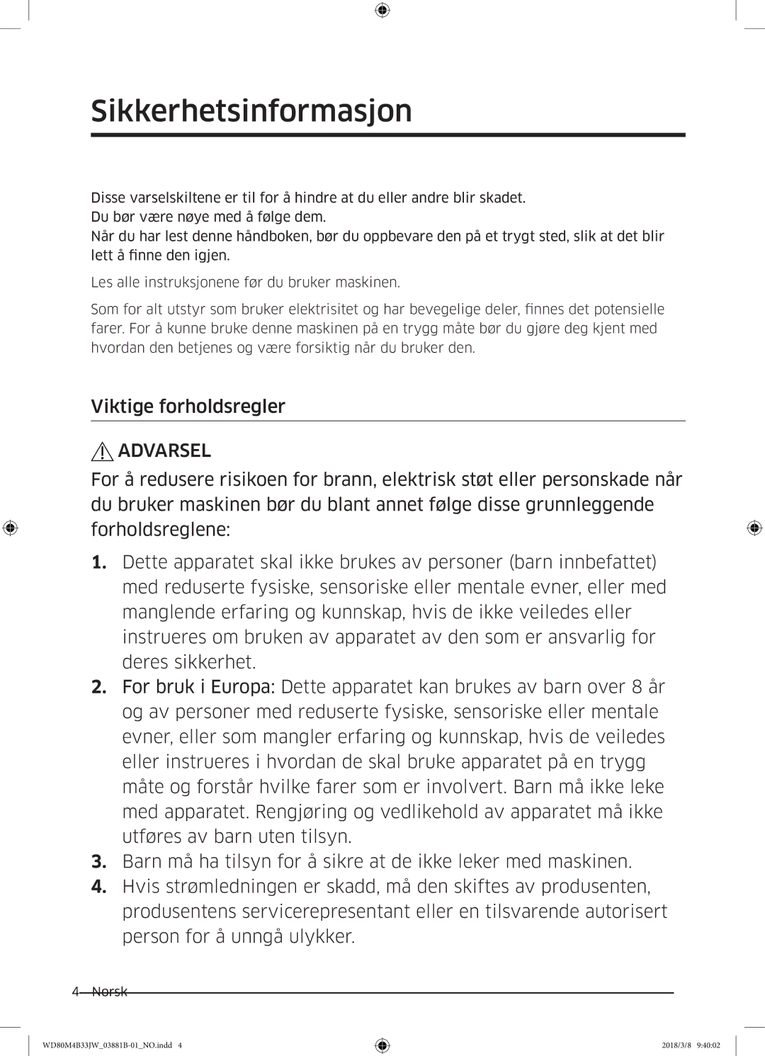 Samsung WD70M4B33JW/EE, WD80M4B33JW/EE, WD80M4B33IW/EE manual Sikkerhetsinformasjon 