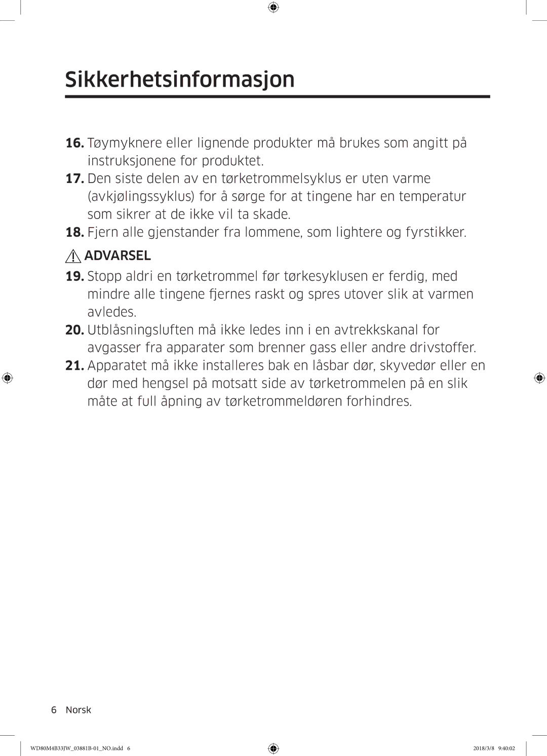 Samsung WD80M4B33IW/EE, WD80M4B33JW/EE, WD70M4B33JW/EE manual Sikkerhetsinformasjon 