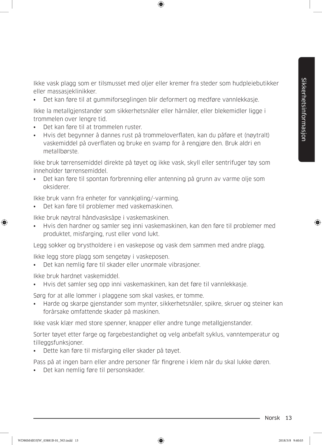 Samsung WD70M4B33JW/EE, WD80M4B33JW/EE, WD80M4B33IW/EE manual Sikkerhetsinformasjon 