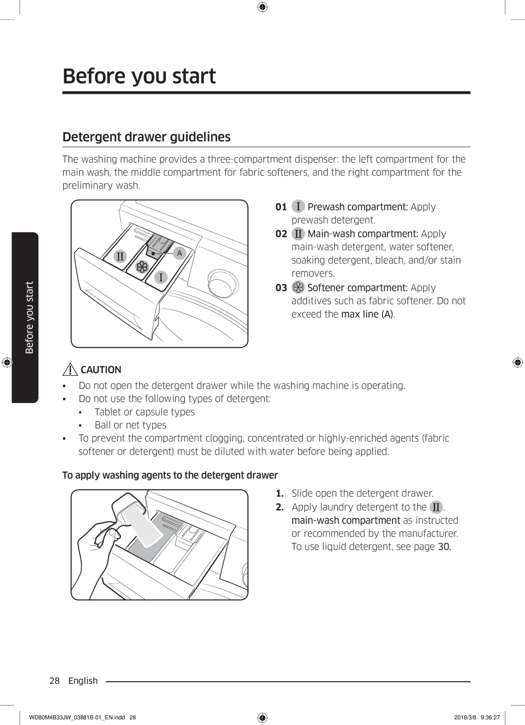 Samsung WD80M4B33IW/EE, WD80M4B33JW/EE, WD70M4B33JW/EE manual Detergent drawer guidelines 