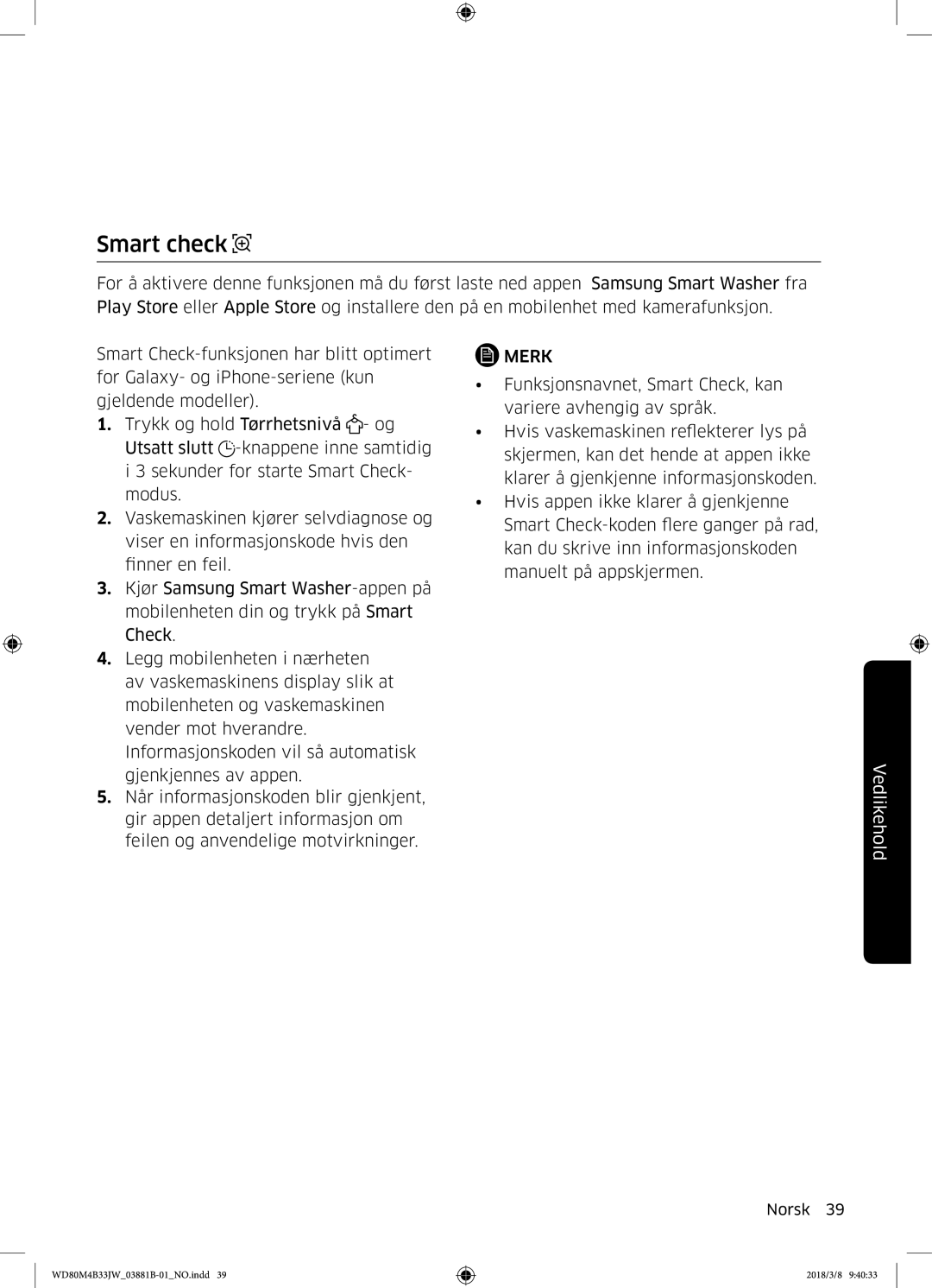 Samsung WD80M4B33IW/EE, WD80M4B33JW/EE, WD70M4B33JW/EE manual Smart check 