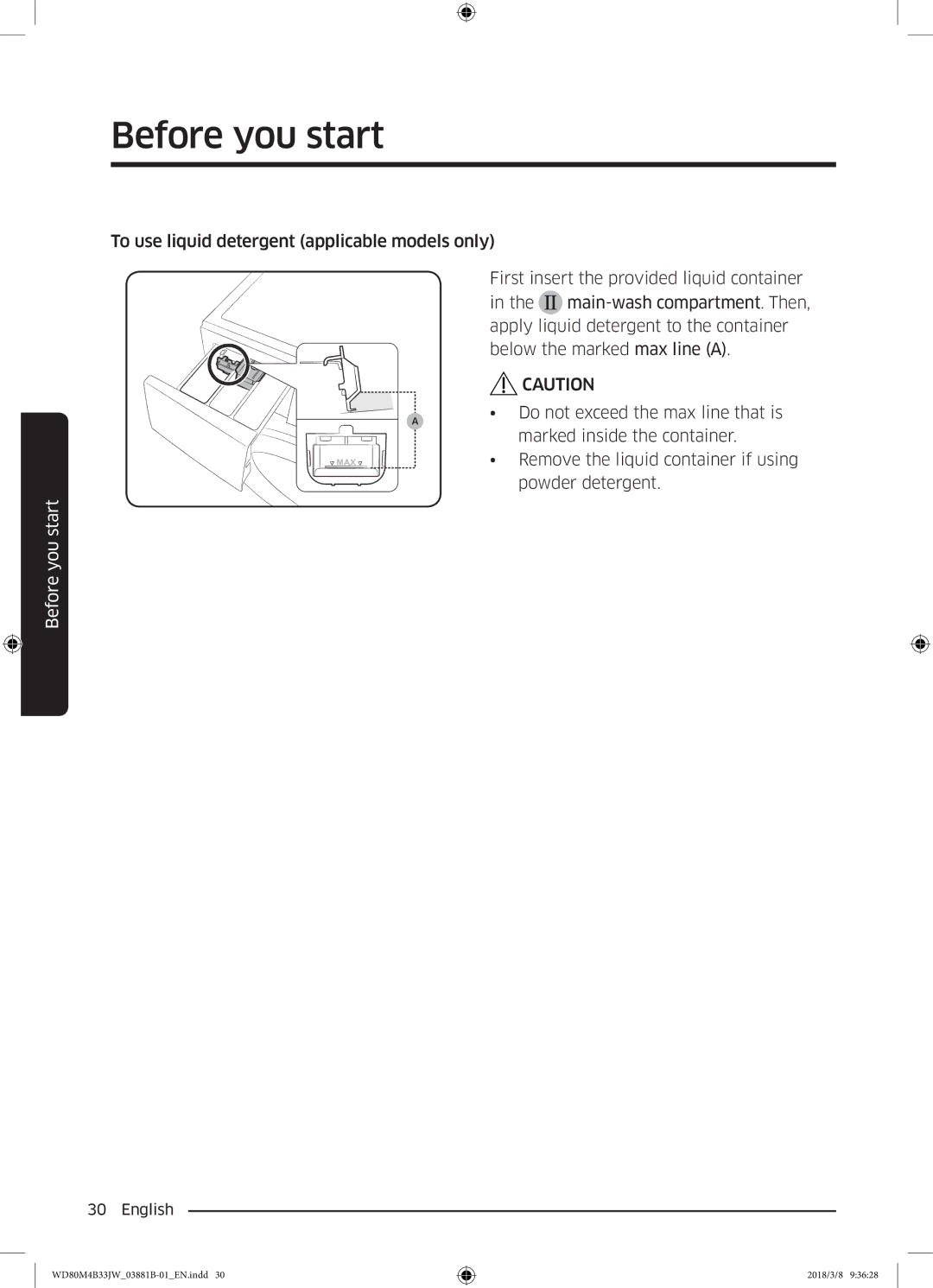 Samsung WD80M4B33JW/EE, WD80M4B33IW/EE, WD70M4B33JW/EE manual Before you start 