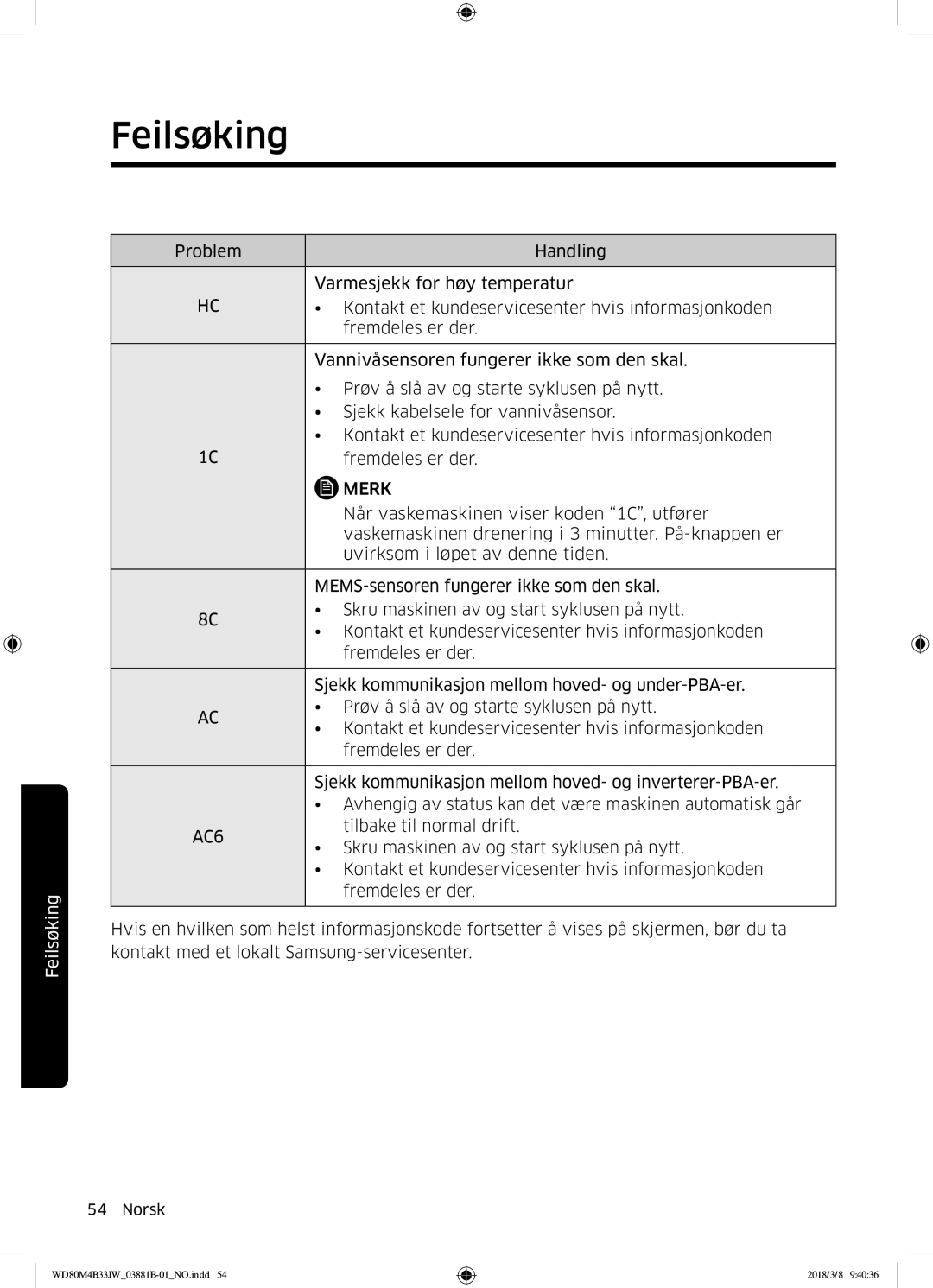 Samsung WD80M4B33IW/EE, WD80M4B33JW/EE, WD70M4B33JW/EE manual Når vaskemaskinen viser koden 1C, utfører 