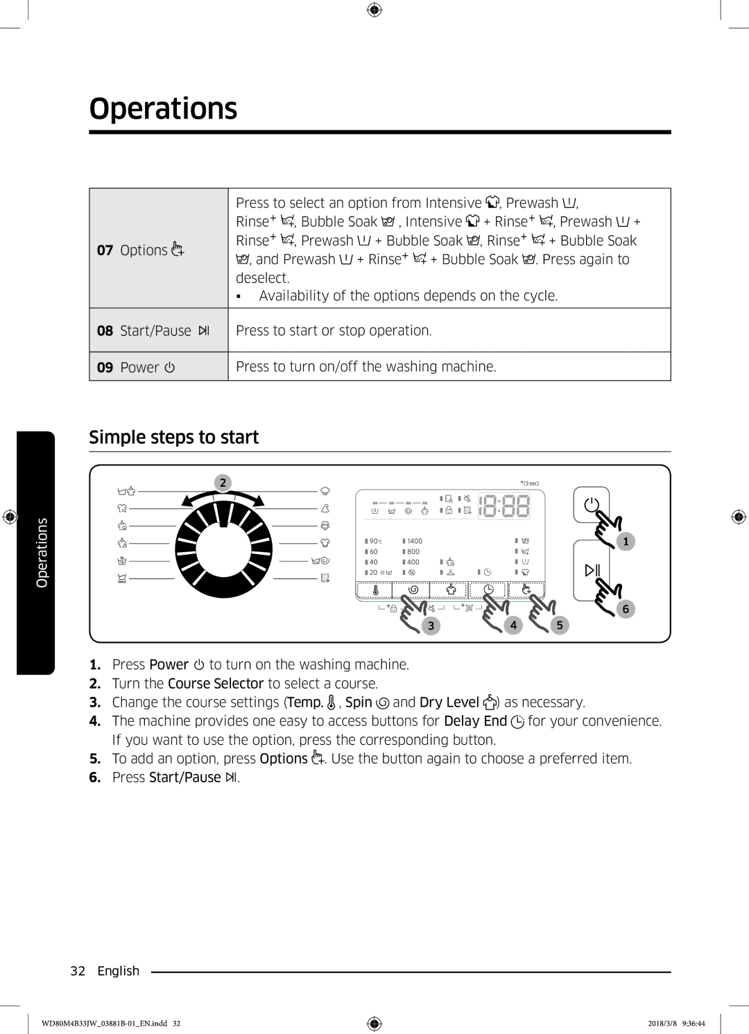 Samsung WD70M4B33JW/EE, WD80M4B33JW/EE, WD80M4B33IW/EE manual Simple steps to start 