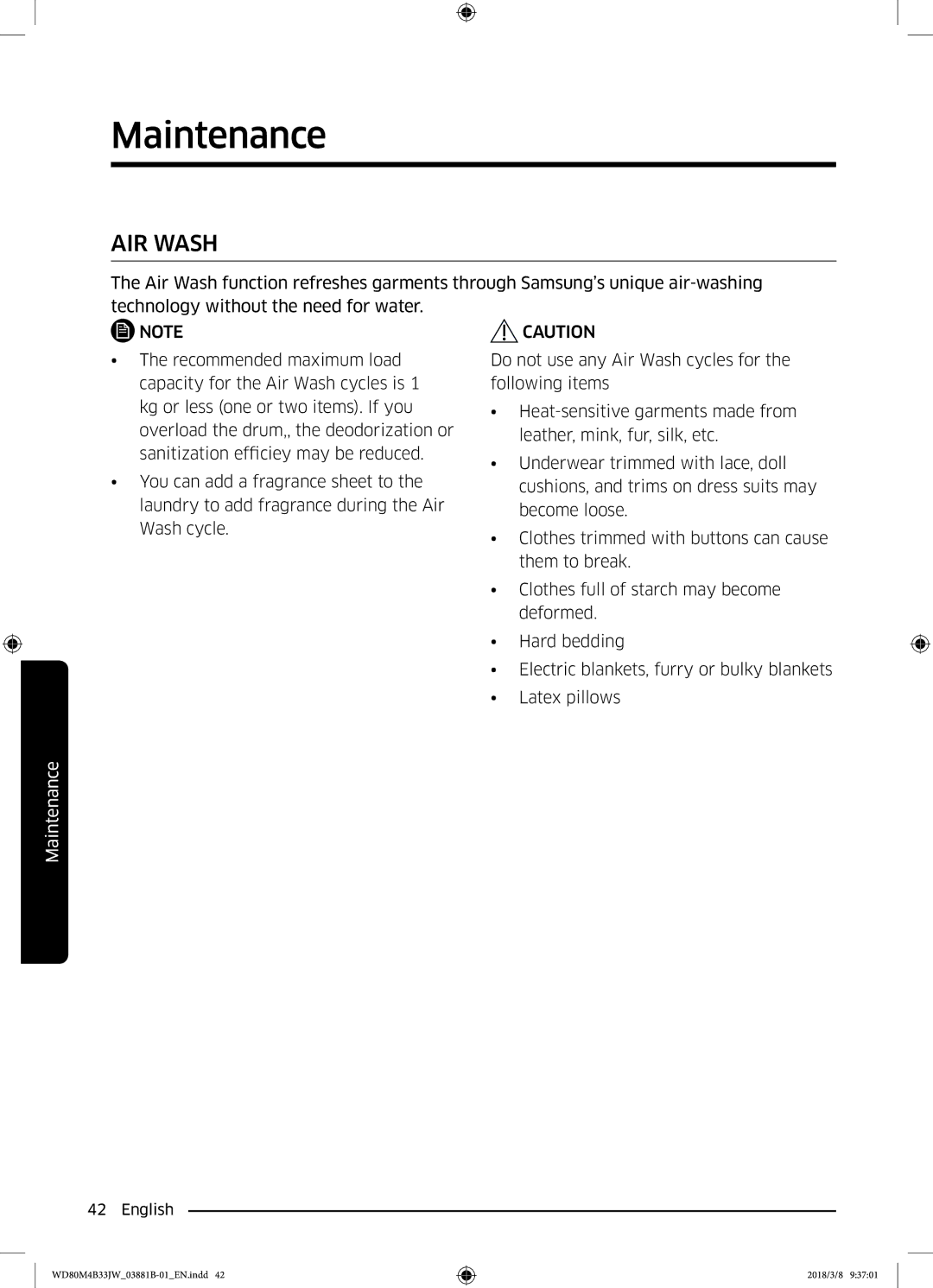 Samsung WD80M4B33JW/EE, WD80M4B33IW/EE, WD70M4B33JW/EE manual AIR Wash 