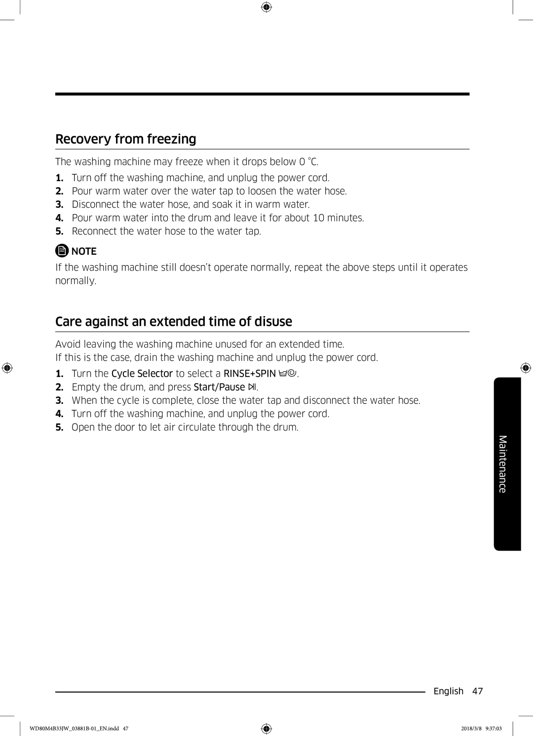 Samsung WD70M4B33JW/EE, WD80M4B33JW/EE, WD80M4B33IW/EE manual Recovery from freezing, Care against an extended time of disuse 