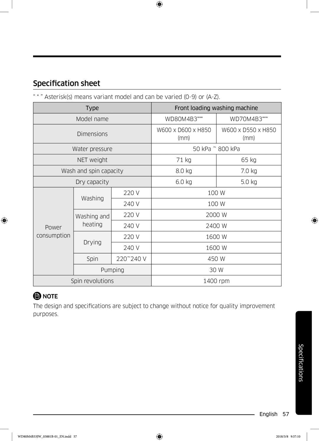 Samsung WD80M4B33JW/EE, WD80M4B33IW/EE, WD70M4B33JW/EE manual Specification sheet 