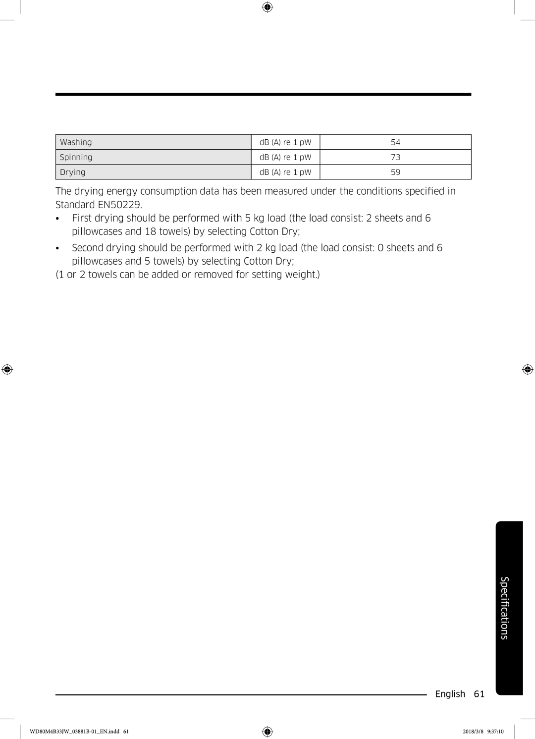 Samsung WD80M4B33IW/EE, WD80M4B33JW/EE, WD70M4B33JW/EE manual FicationsSpeci 