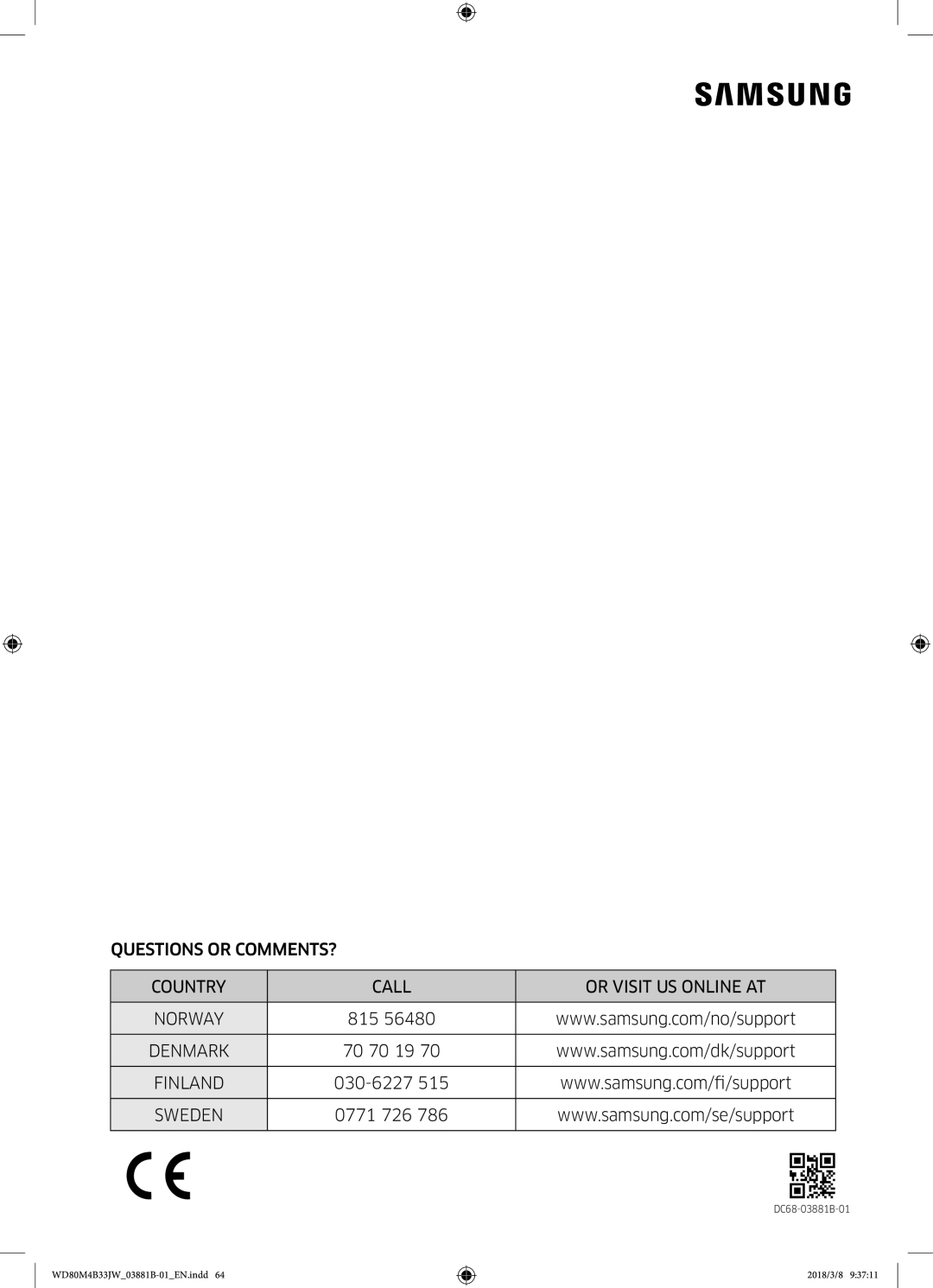 Samsung WD80M4B33IW/EE, WD80M4B33JW/EE manual Questions or COMMENTS? Country Call Or Visit US Online AT, Denmark, Finland 