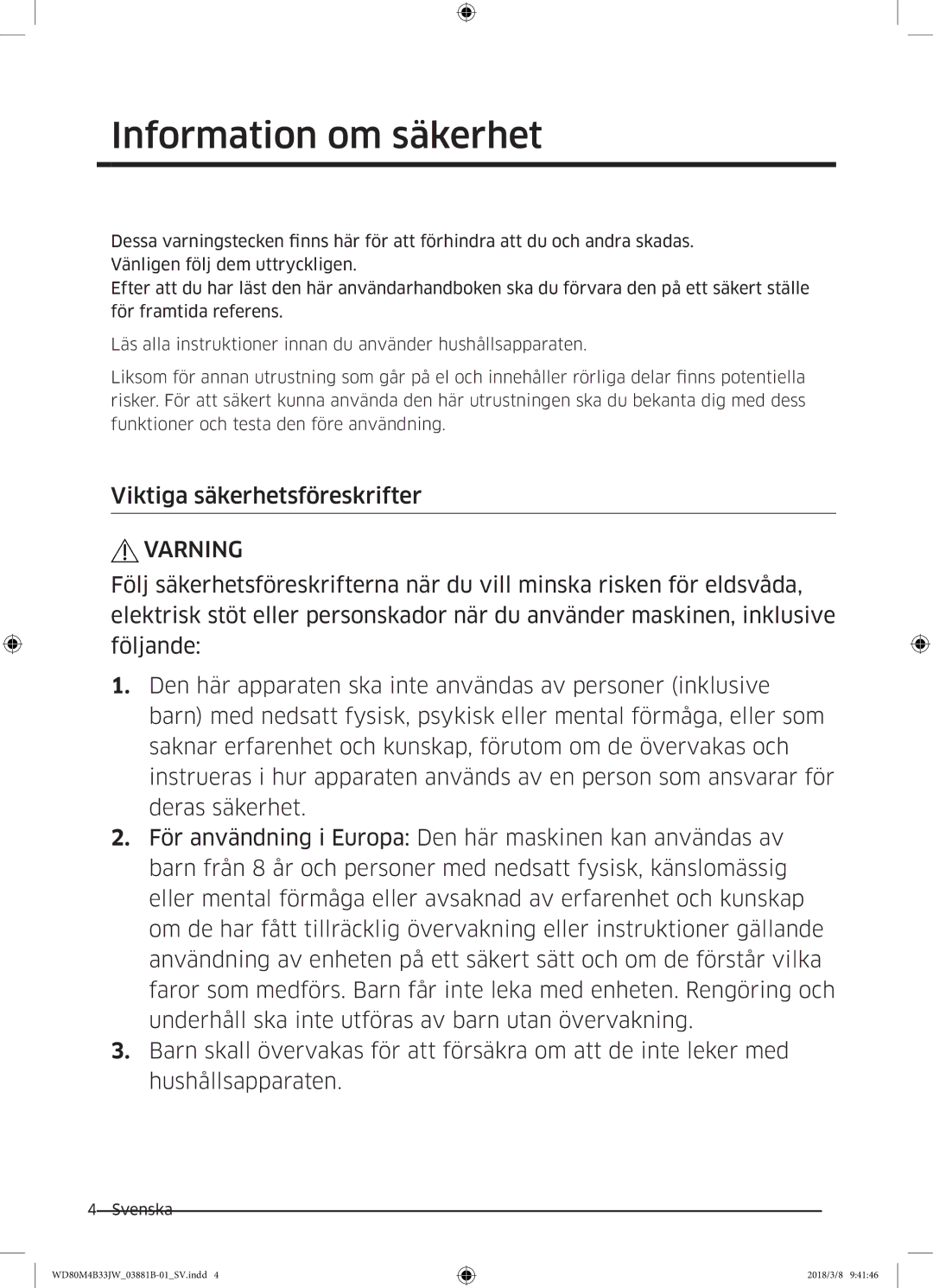 Samsung WD70M4B33JW/EE, WD80M4B33JW/EE, WD80M4B33IW/EE manual Viktiga säkerhetsföreskrifter, Varning 