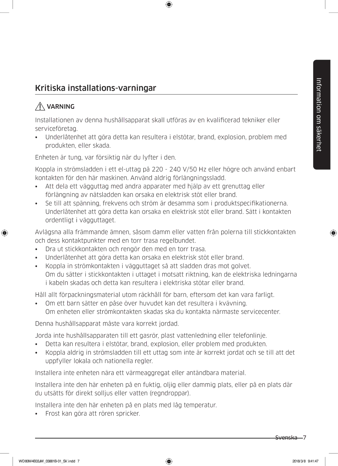 Samsung WD70M4B33JW/EE, WD80M4B33JW/EE, WD80M4B33IW/EE manual Kritiska installations-varningar, Varning 