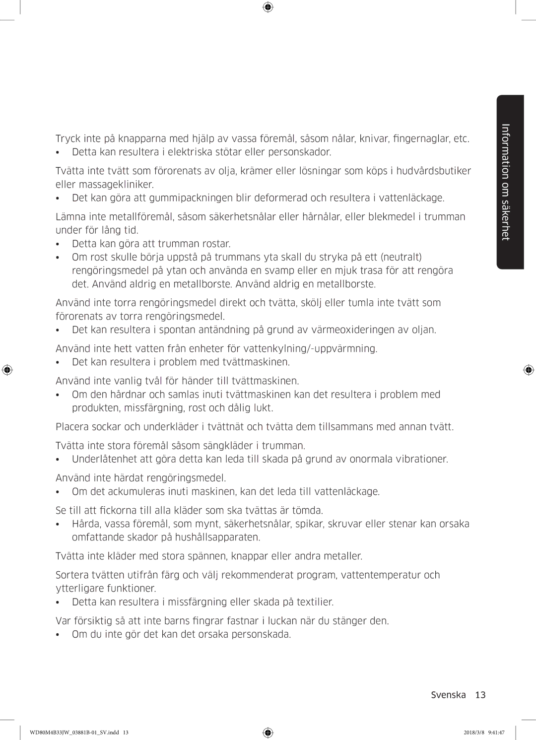 Samsung WD70M4B33JW/EE, WD80M4B33JW/EE, WD80M4B33IW/EE manual Information om säkerhet 