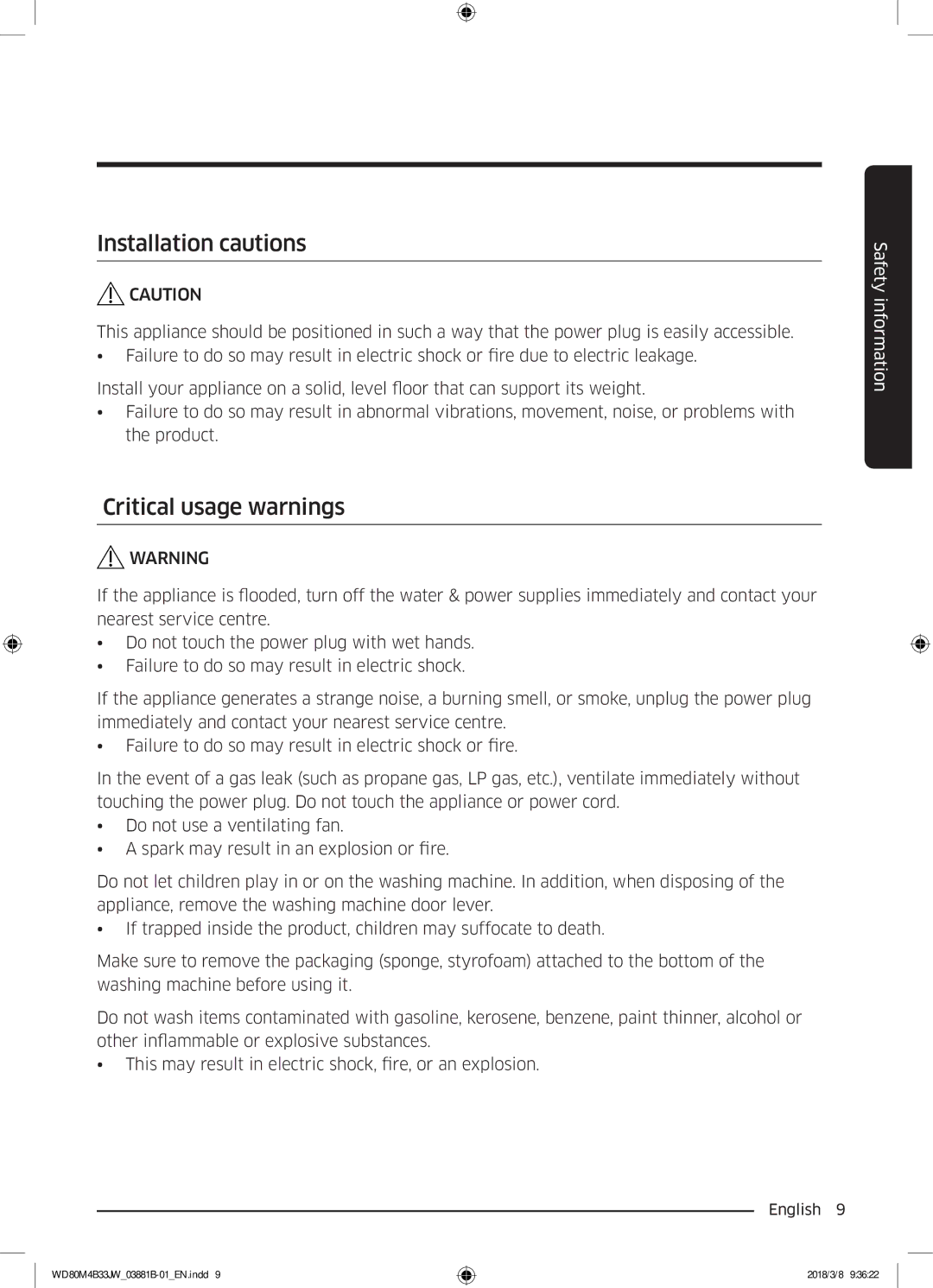 Samsung WD80M4B33JW/EE, WD80M4B33IW/EE, WD70M4B33JW/EE manual Installation cautions, Critical usage warnings 