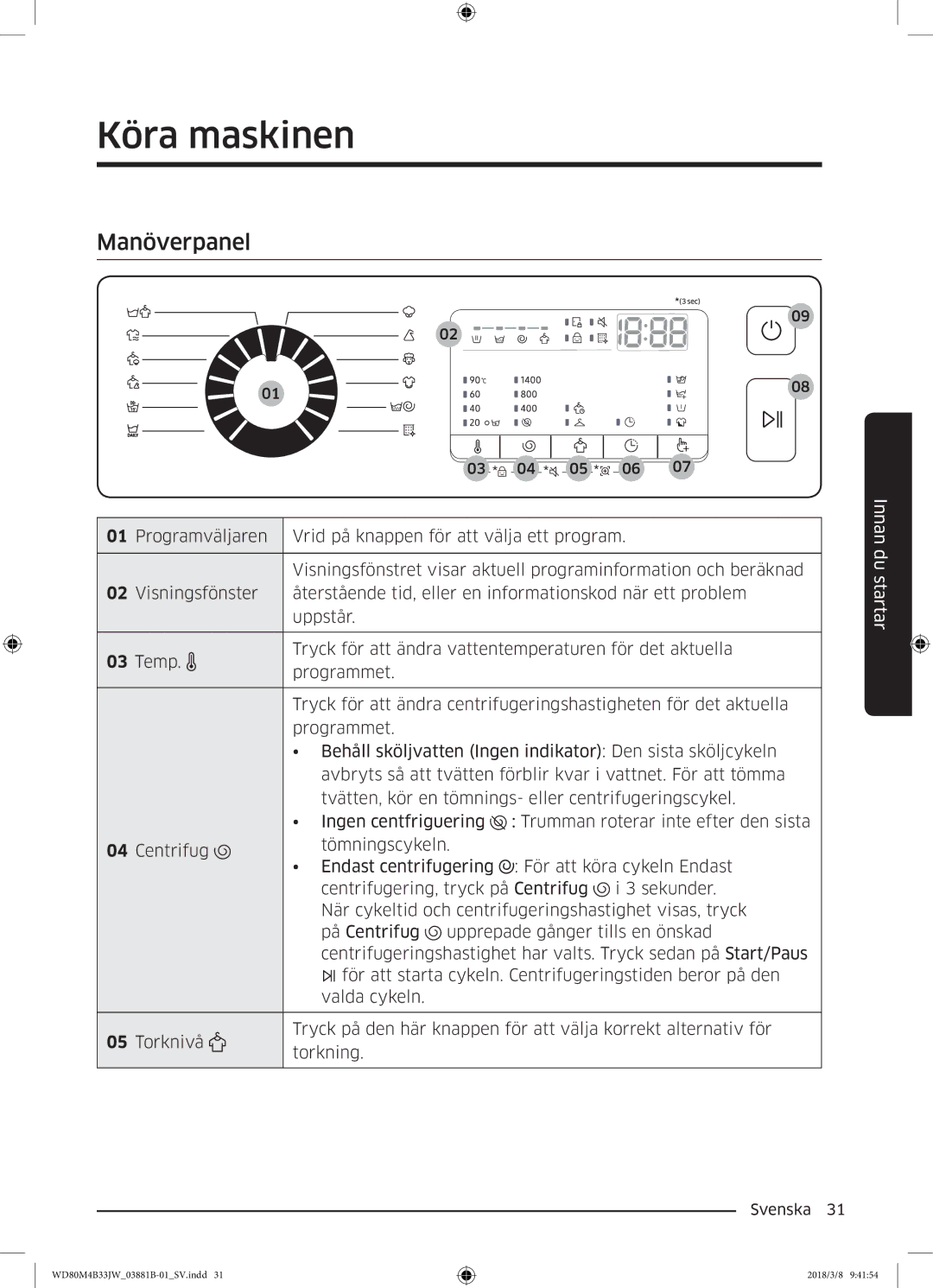 Samsung WD70M4B33JW/EE, WD80M4B33JW/EE, WD80M4B33IW/EE manual Köra maskinen, Manöverpanel 