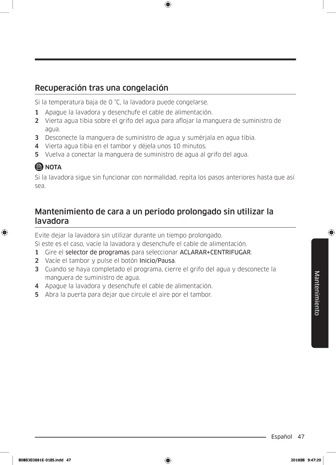 Samsung WD80M4B53IW/EC manual Recuperación tras una congelación 