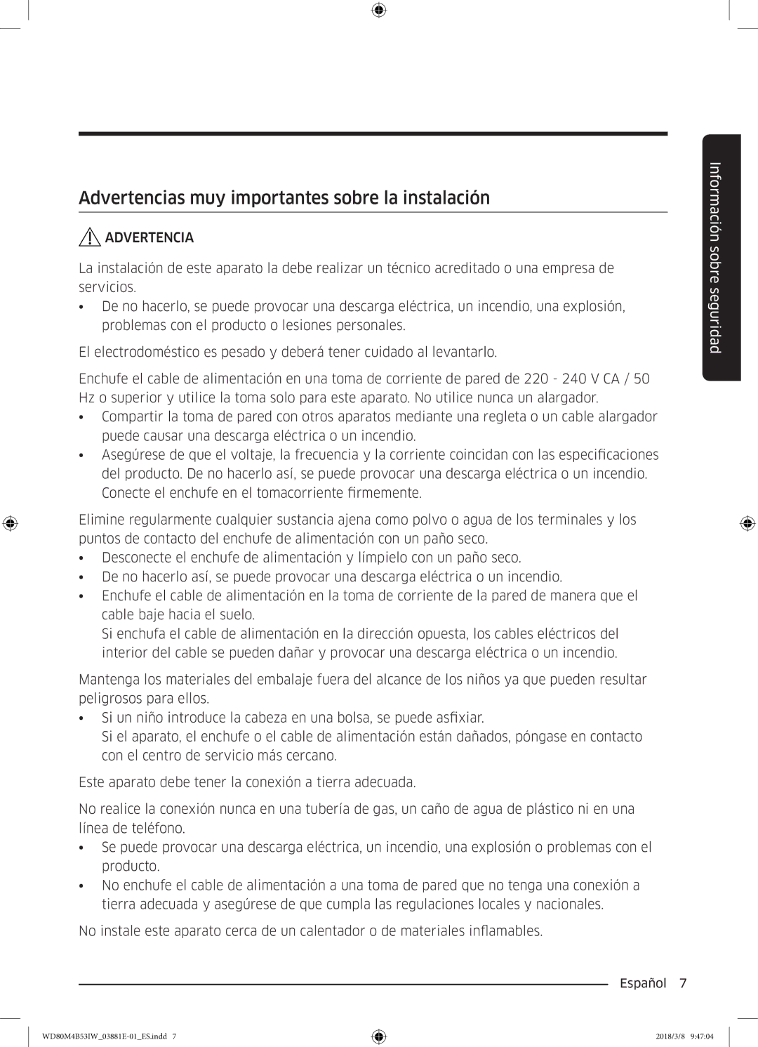 Samsung WD80M4B53IW/EC manual Advertencias muy importantes sobre la instalación 