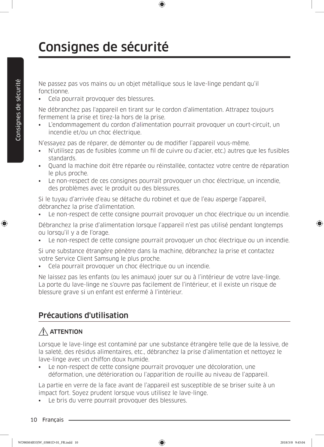 Samsung WD80M4B53JW/EF manual Précautions dutilisation 