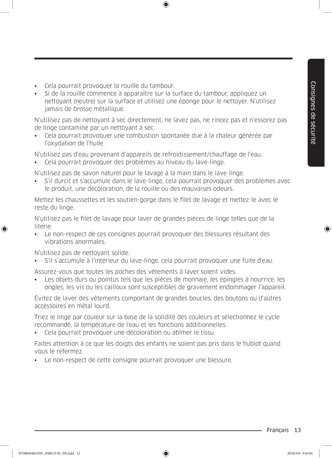 Samsung WD80M4B53JW/EF manual Consignes de sécurité 