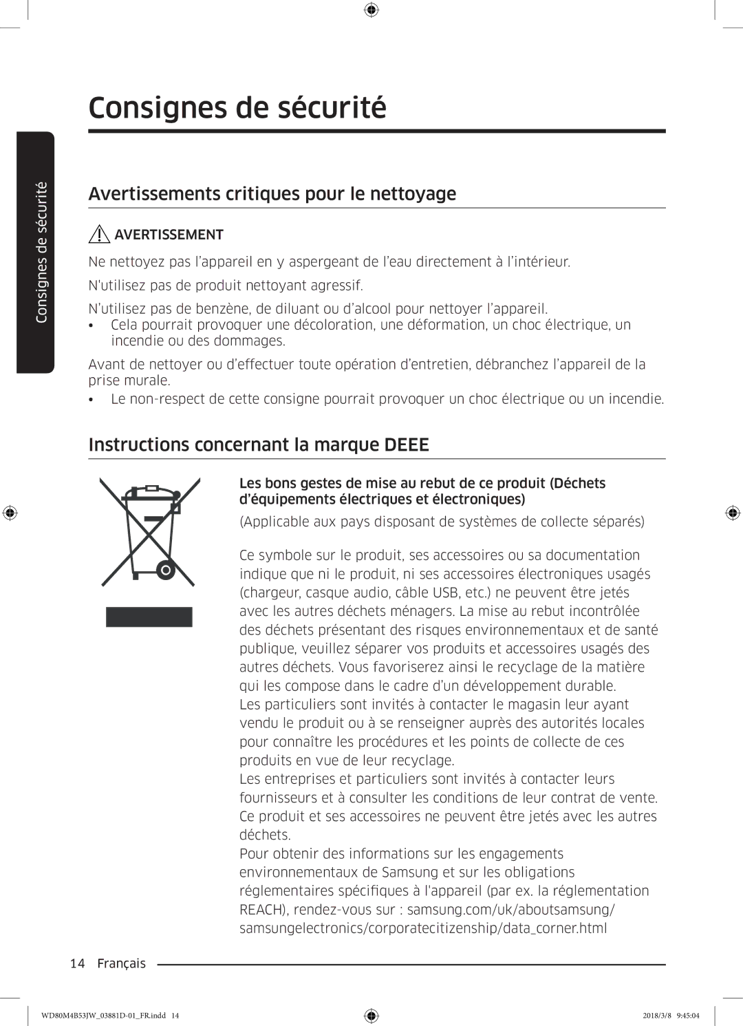 Samsung WD80M4B53JW/EF manual Avertissements critiques pour le nettoyage, Instructions concernant la marque Deee 