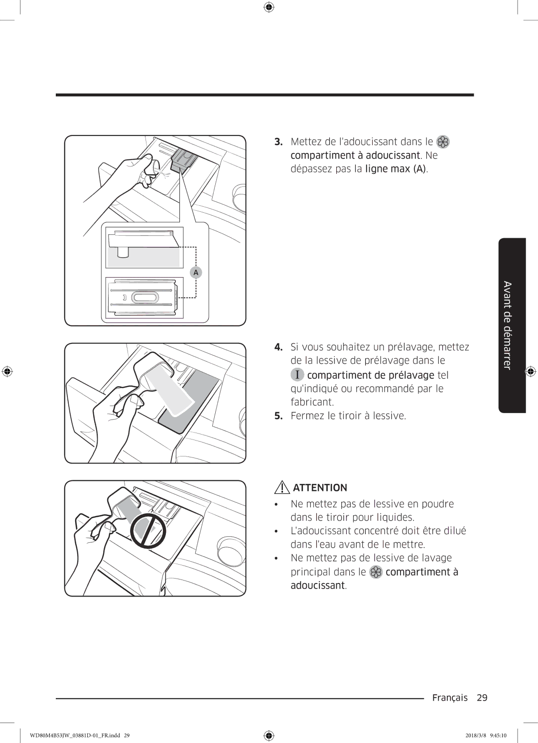 Samsung WD80M4B53JW/EF manual Avant de démarrer 