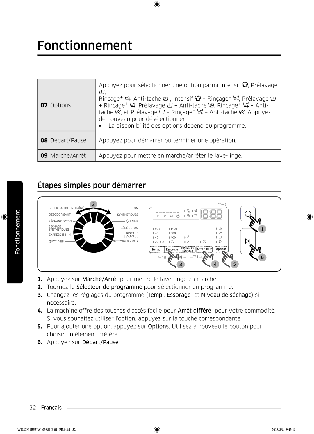 Samsung WD80M4B53JW/EF manual Étapes simples pour démarrer 