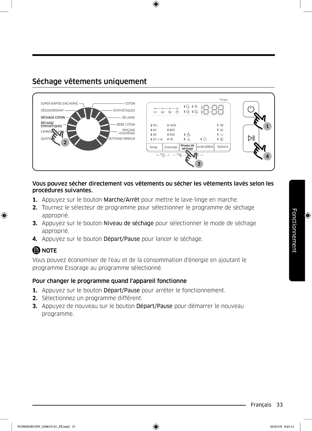 Samsung WD80M4B53JW/EF manual Séchage vêtements uniquement 