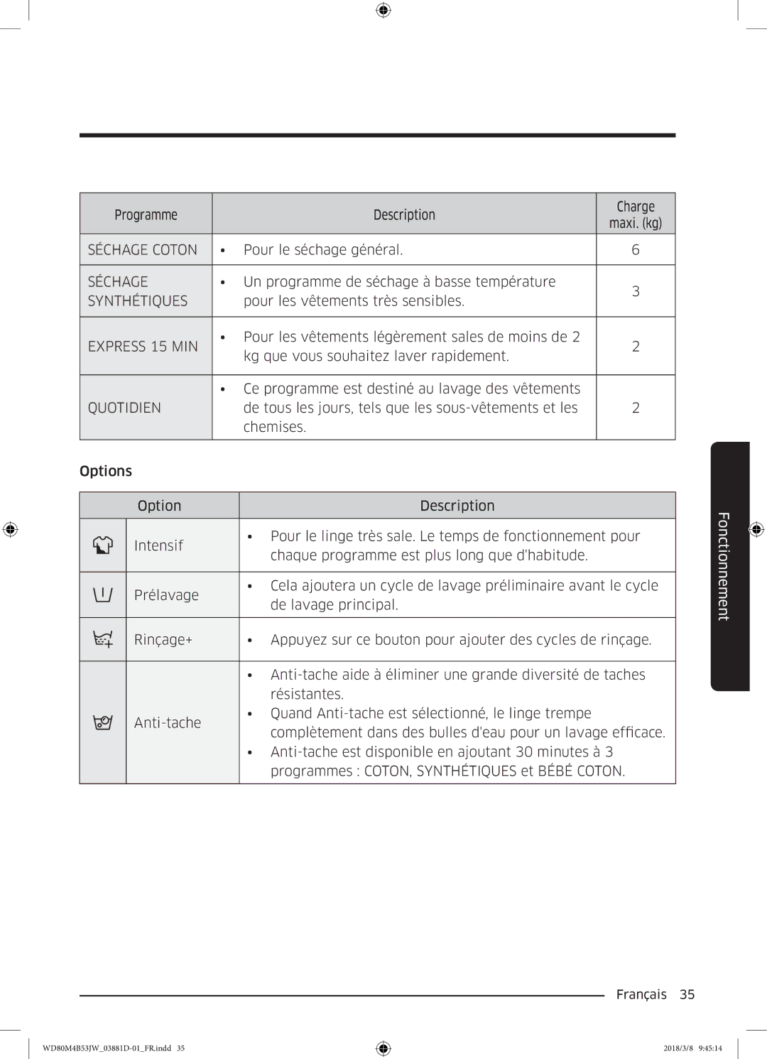 Samsung WD80M4B53JW/EF manual Séchage Coton 