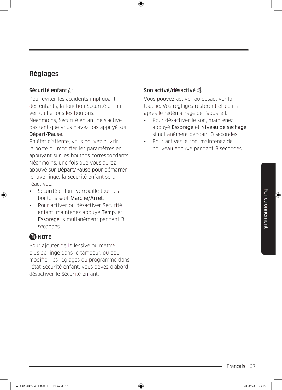 Samsung WD80M4B53JW/EF manual Réglages 