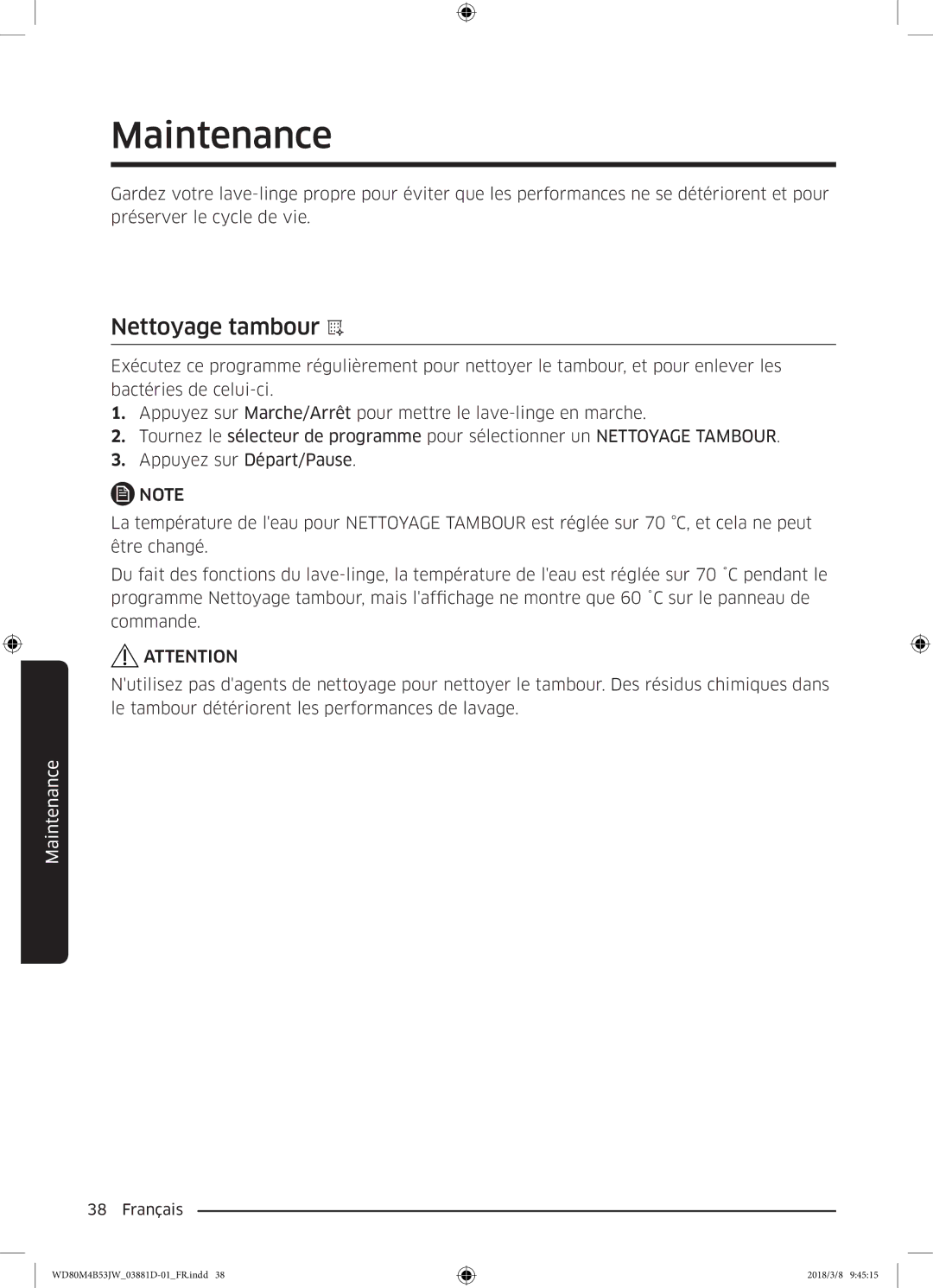 Samsung WD80M4B53JW/EF manual Maintenance, Nettoyage tambour 