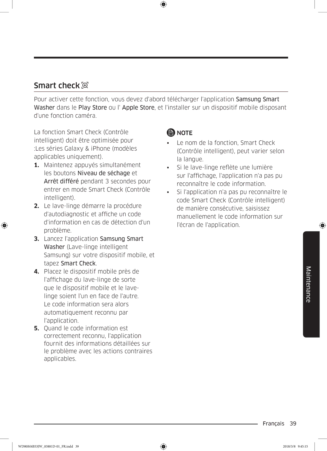 Samsung WD80M4B53JW/EF manual Smart check 