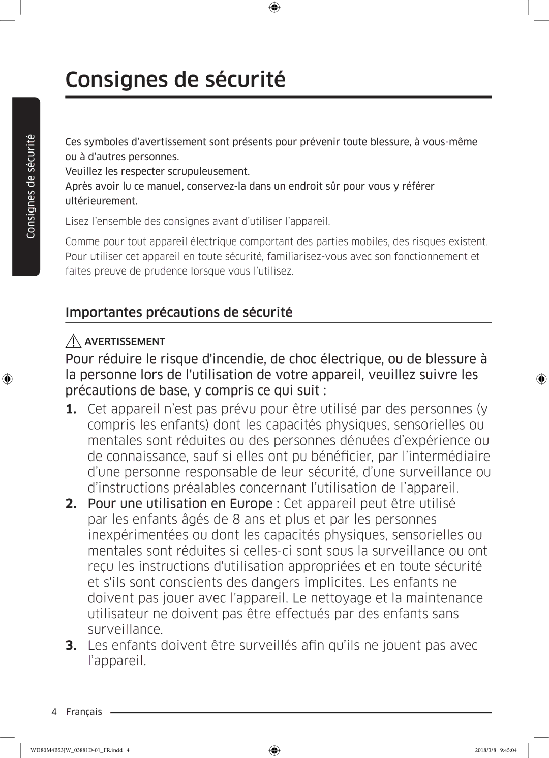 Samsung WD80M4B53JW/EF manual Importantes précautions de sécurité 