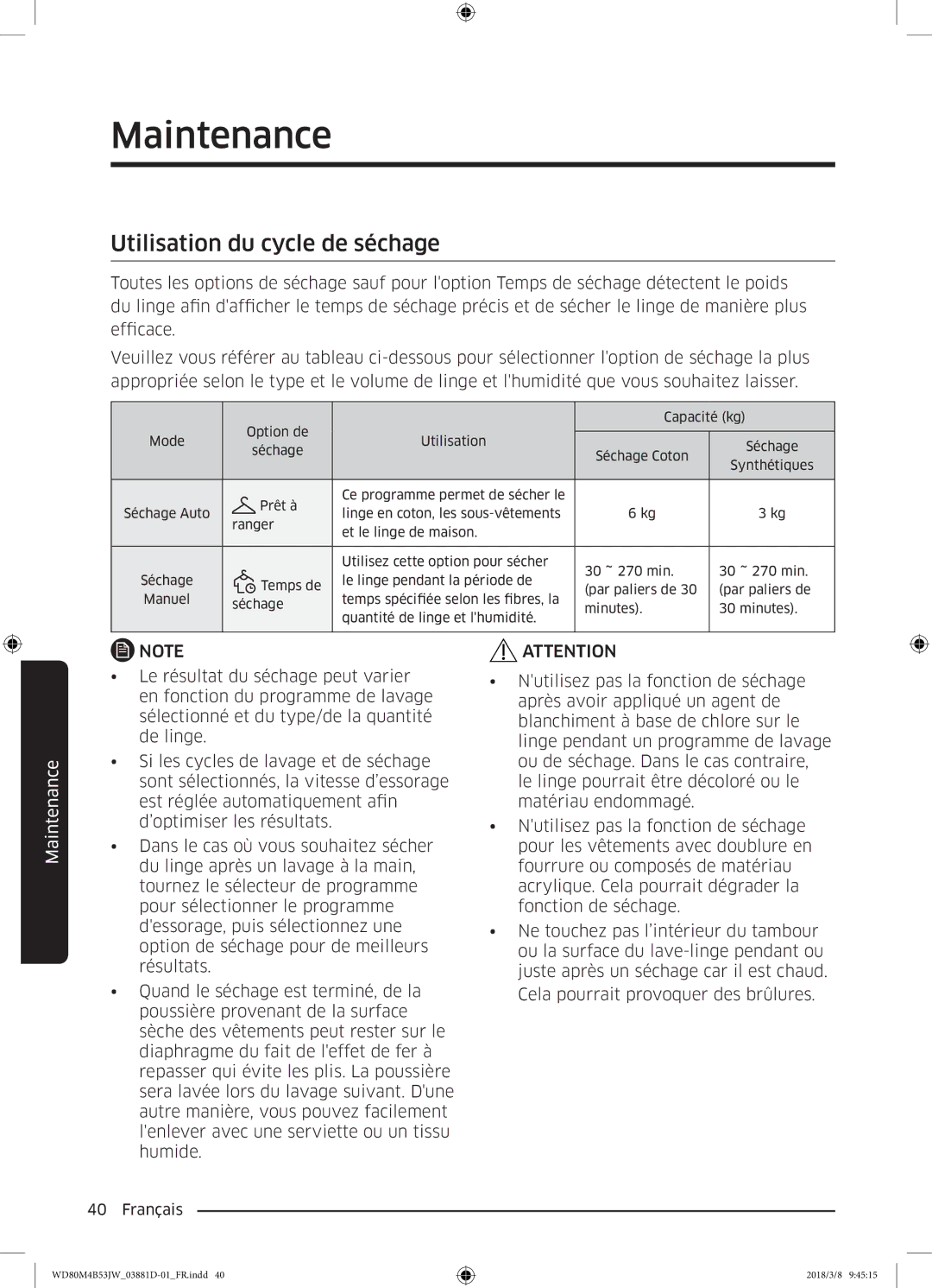 Samsung WD80M4B53JW/EF manual Utilisation du cycle de séchage 