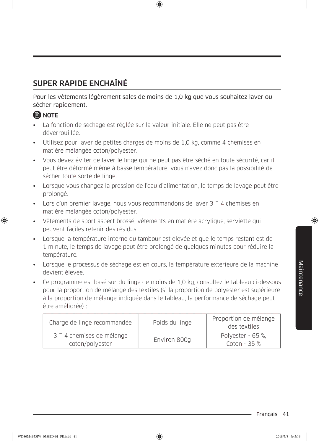 Samsung WD80M4B53JW/EF manual Super Rapide Enchaîné 