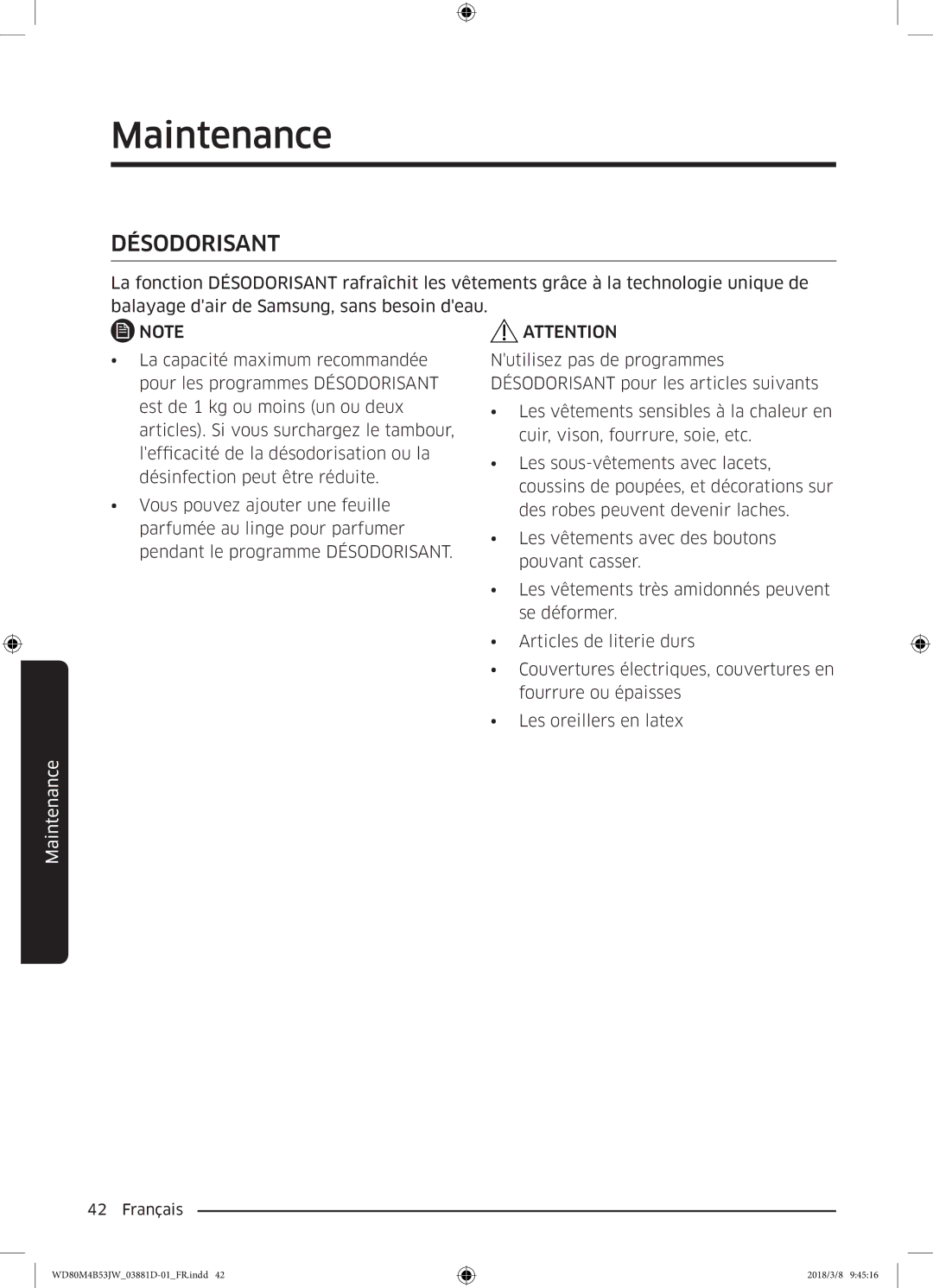 Samsung WD80M4B53JW/EF manual Désodorisant 