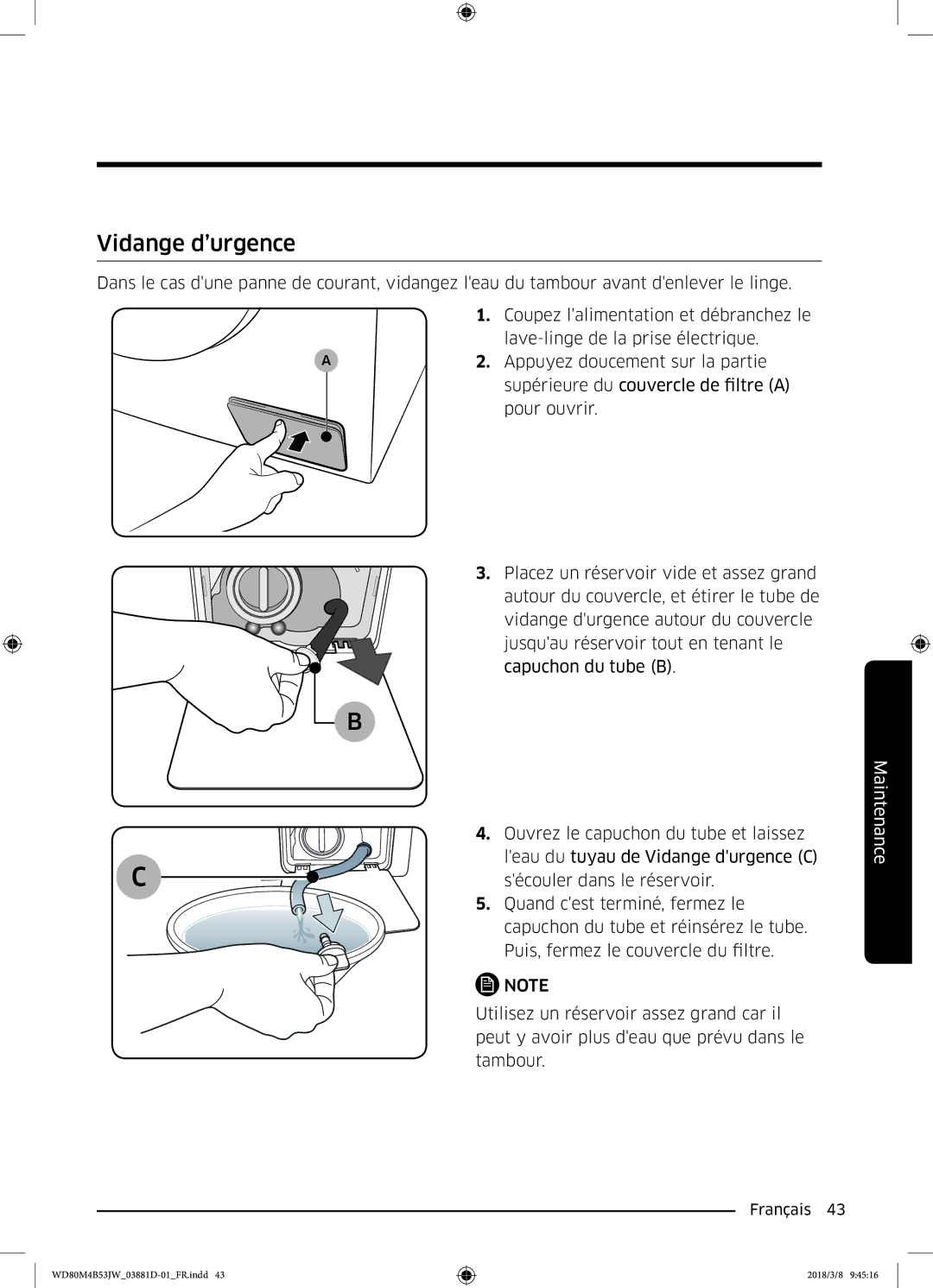 Samsung WD80M4B53JW/EF manual Vidange d’urgence 