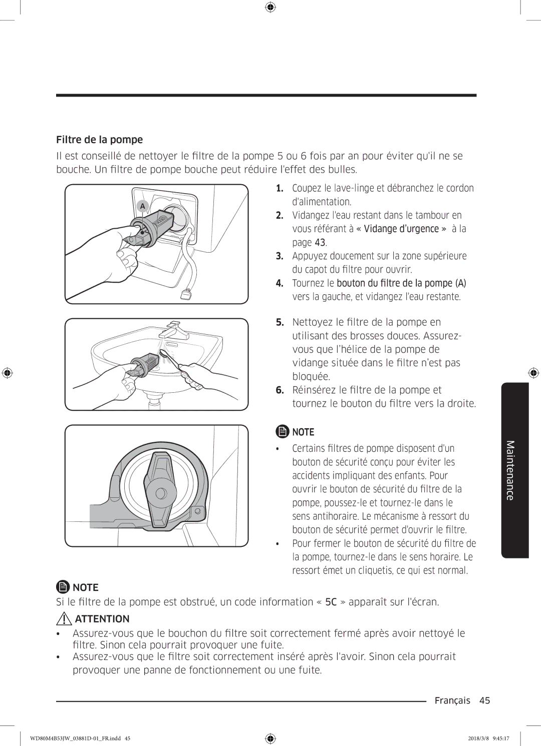 Samsung WD80M4B53JW/EF manual Maintenance 