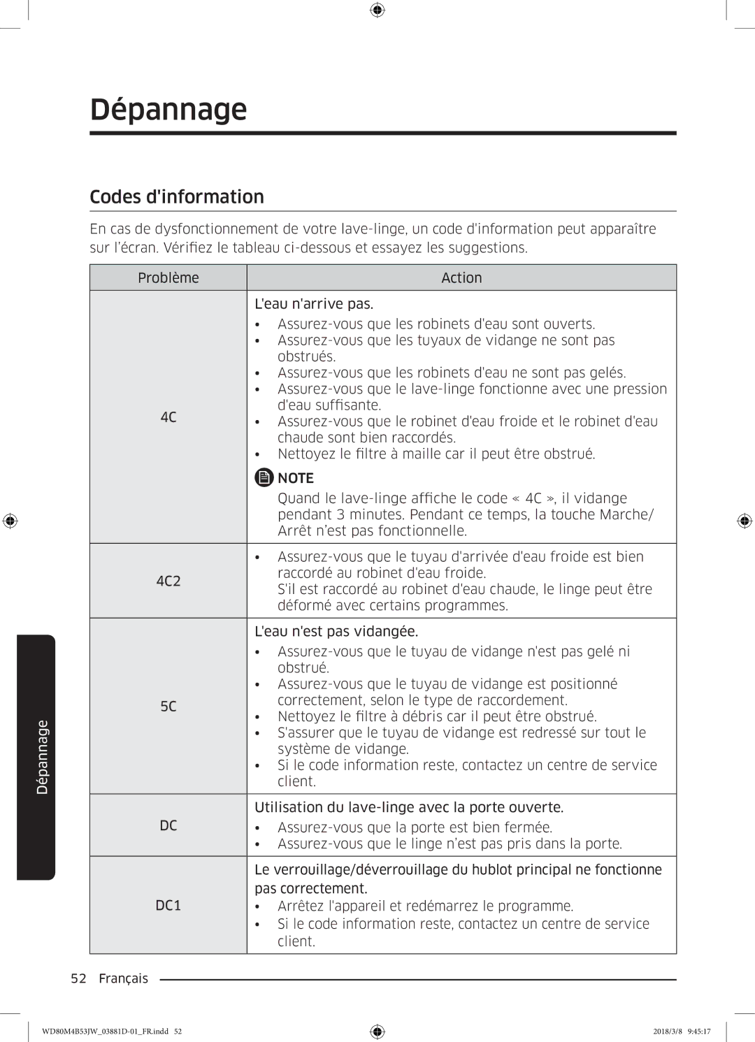 Samsung WD80M4B53JW/EF manual Codes dinformation, DC1 