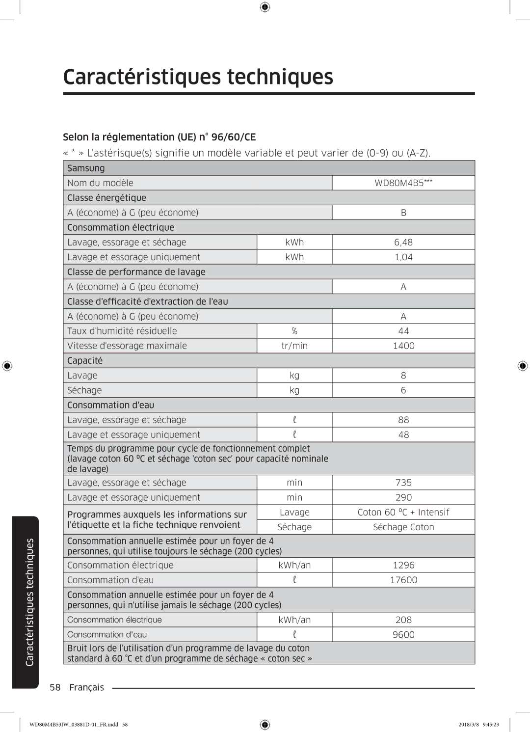 Samsung WD80M4B53JW/EF manual Caractéristiques techniques 