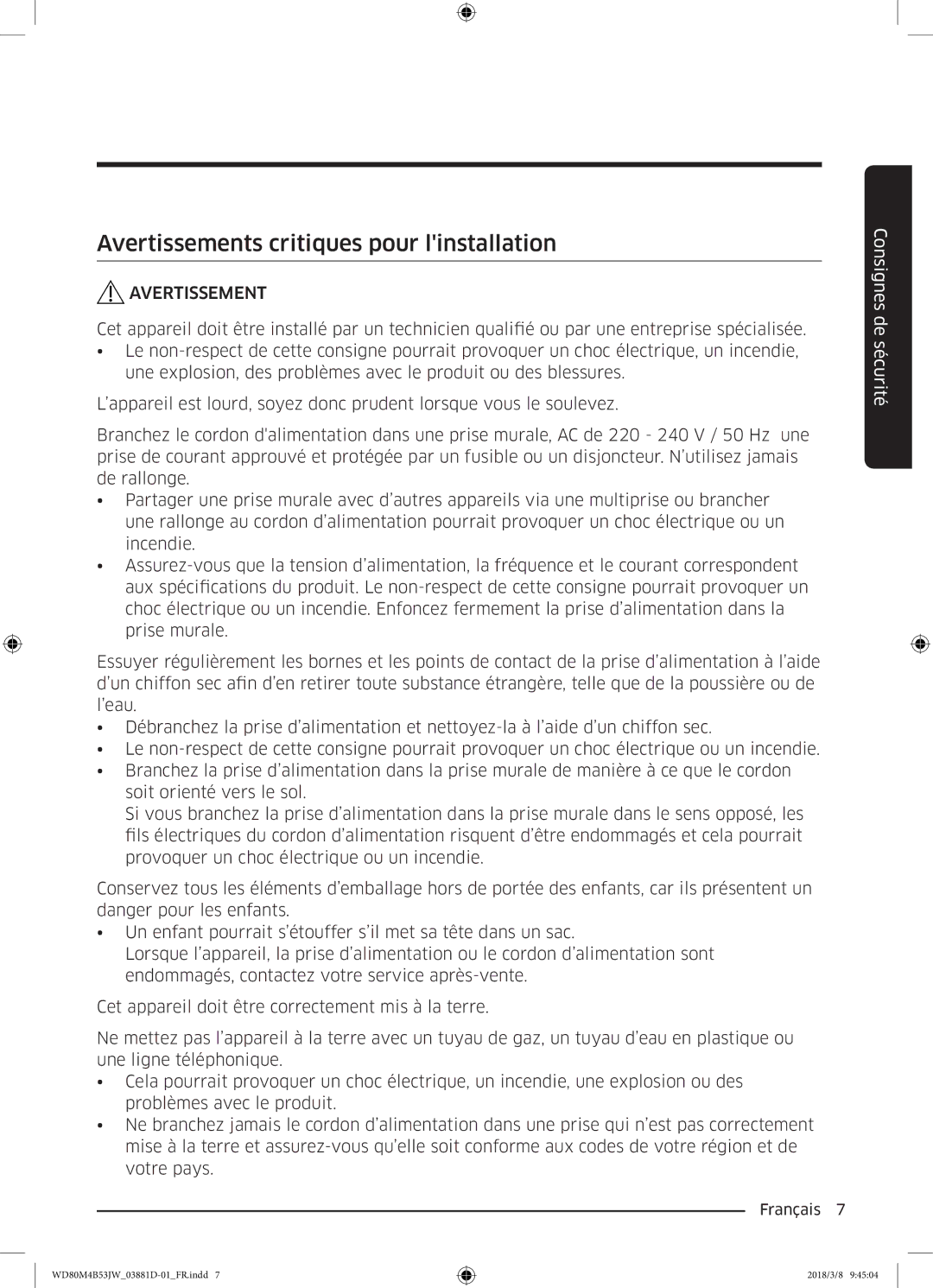 Samsung WD80M4B53JW/EF manual Avertissements critiques pour linstallation 